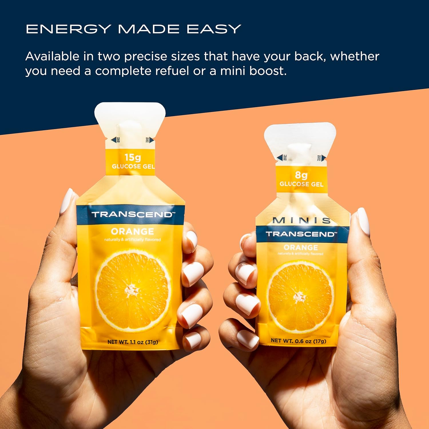 Transcend Foods Mini Orange Gel (.6 oz, Pack of 24) Fast-Acting Carb Gel Orange Flavor – Travel Size, Caffeine Free, Gluten Free