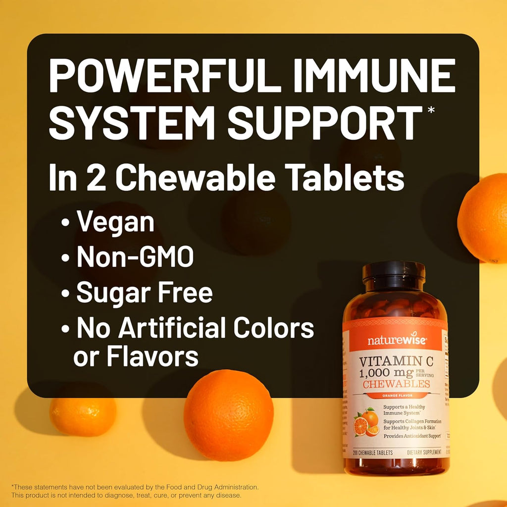 NatureWise Extra Strength Vitamin C Chewable 1000mg for Adults - Natural Orange Flavor - Immune System & Antioxidant Support - Non-GMO, Vegan & Sugar Free - 90 Chewable Tablets[45-Day Supply]