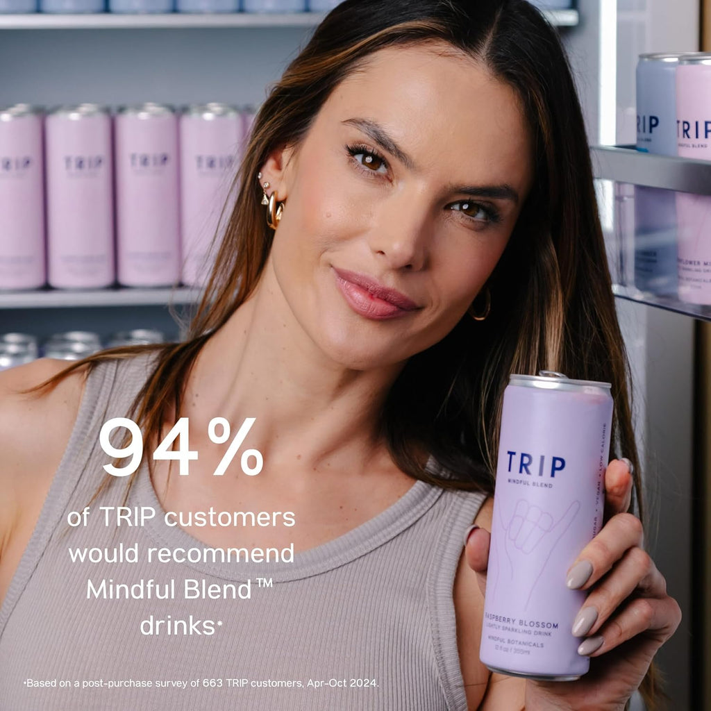 Trip Mindful Blend, Lightly Sparkling Adaptogen Seltzer, Mocktail w/ 120mg Magnesium Citrate with Ashwagandha, Lions Mane & L Theanine, No Added Sugar, Vegan, Raspberry Blossom, 12 Oz, 12Pk