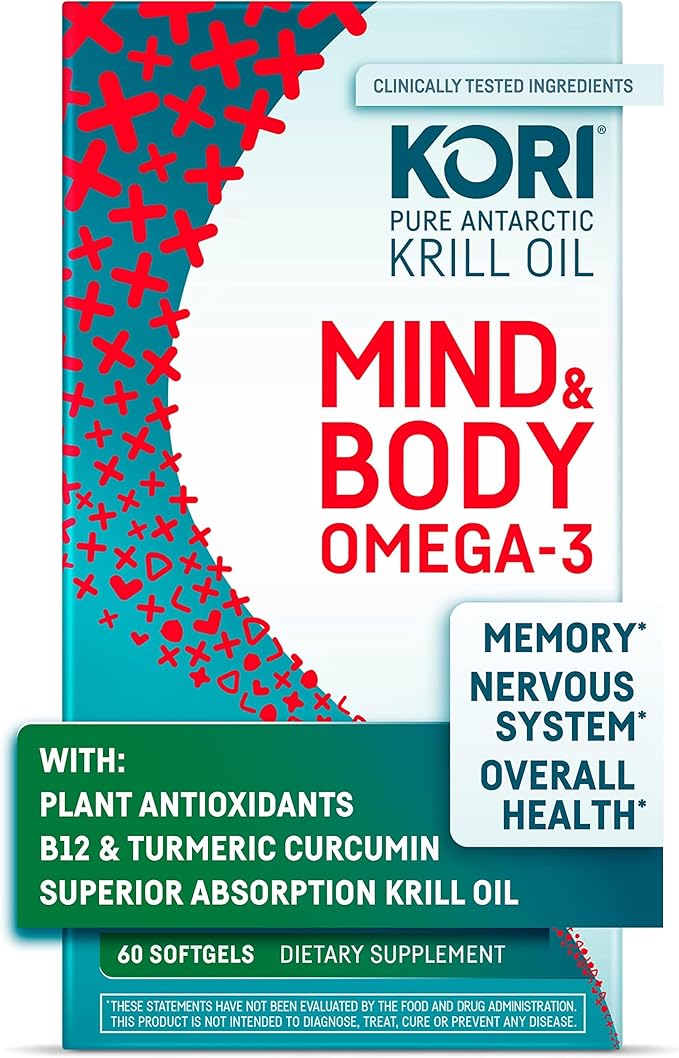 Kori Krill Kori Mind & Body Omega-3 Oil, Brain Supplements for Memory and Focus, Lutein, Zeaxanthin, B12, Tumeric Curcumin, 60 Softgels