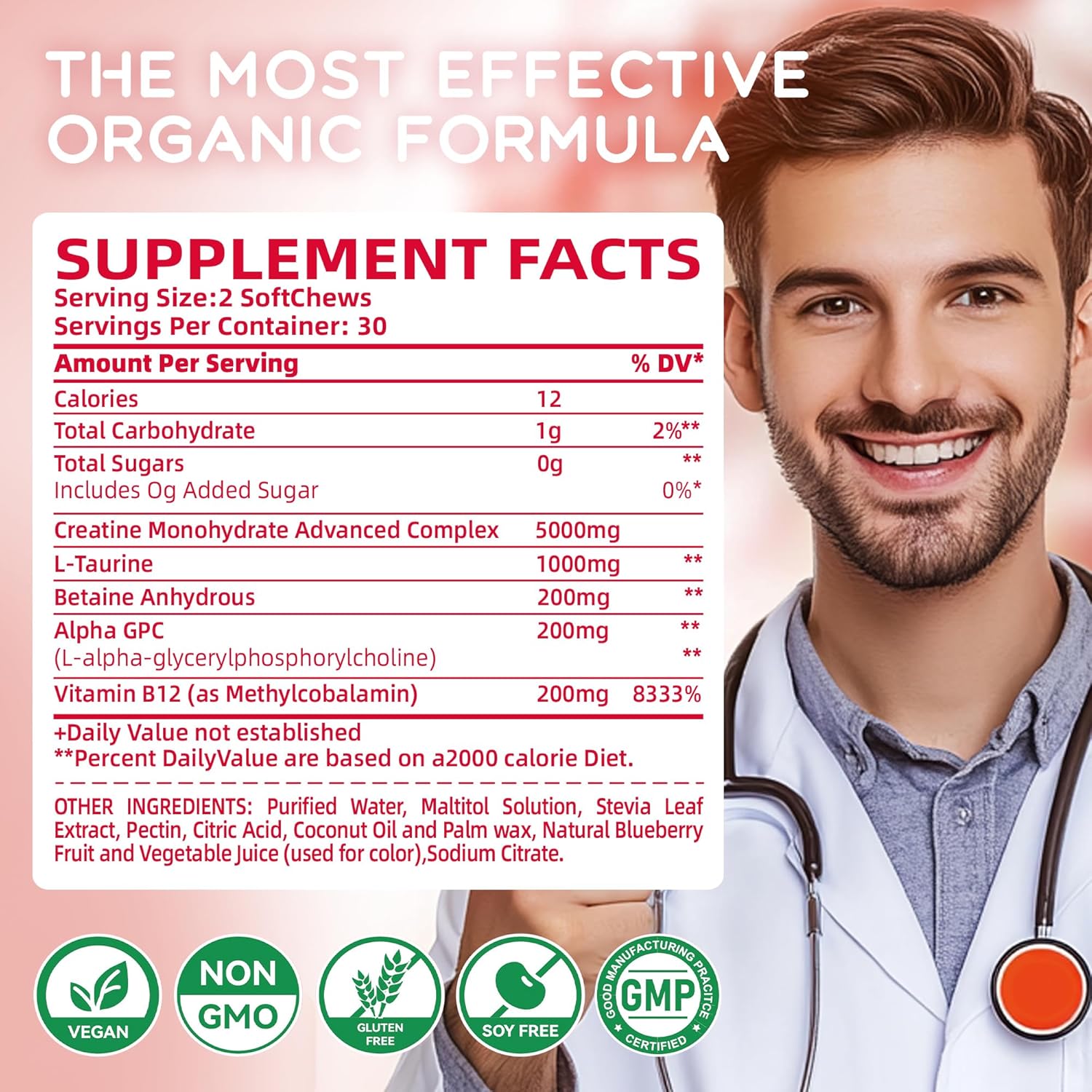 Creatine Monohydrate Chews Complex 6400mg for Men & Women -Advanced Formula W/L-Taurine + Vitamin B12, Sugar Free Chewable Supplement,60 Strawberry Softchews