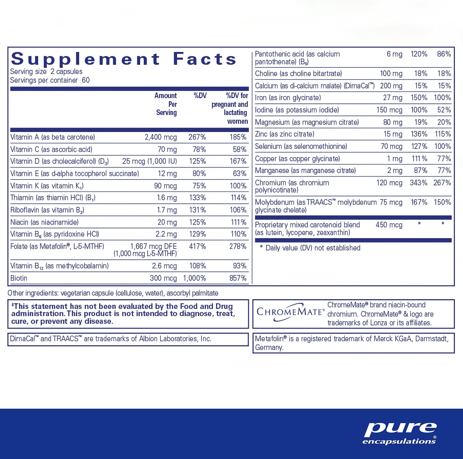 Pure Encapsulations PreNatal Nutrients - for Pregnancy & Lactation - Aids Energy & DNA Development* - with Folate, Choline & Iron - Gluten Free & Non-GMO - 120 Capsules