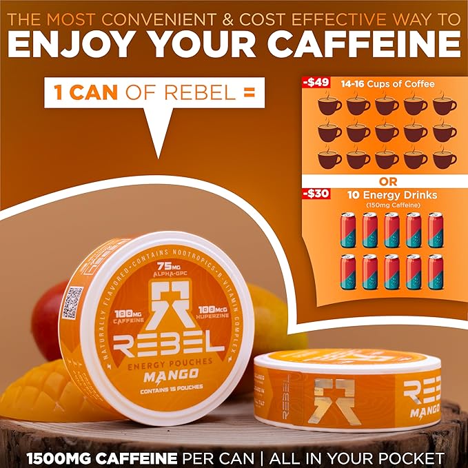Nootropic Energy Caffeine Pouches (Mango) • 100mg Caffeine • Alpha GPC • Huperzine A & Essential Vitamins • Sugar-Free • Coconut Fiber Technology • 15 Pouches Per Can (Pack of 1)