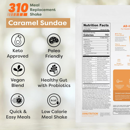 310 Nutrition All-In-One Meal Replacement Shake Powder - Plant-Based Protein Smoothie Blend w/High Fiber, Probiotics & Adaptogens - Low Carb, Vegan, Keto & Paleo Friendly - Caramel Sundae - 14 Srv