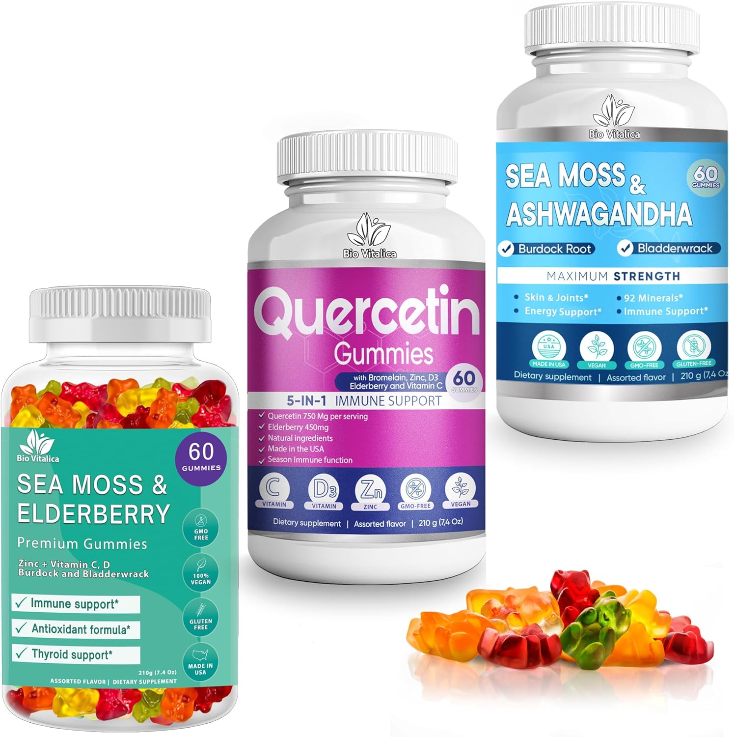 BIO VITALICA (Bundle) Sea Moss Elderberry & Quercetin & Sea Moss Ashwagandha Gummies BioVitalica