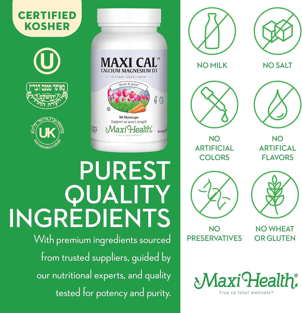 Maxi Health Calcium 1000 mg Supplement with Vitamin D3 (1000 IU) and Magnesium (500 mg) - Bone, Teeth and Joint Support for Men and Women - 90 Capsules
