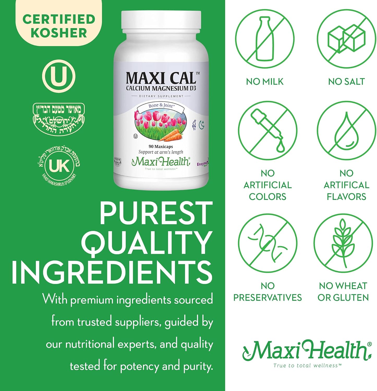 Maxi Health Calcium 1000 mg Supplement with Vitamin D3 (1000 IU) and Magnesium (500 mg) - Bone, Teeth and Joint Support for Men and Women - 90 Capsules
