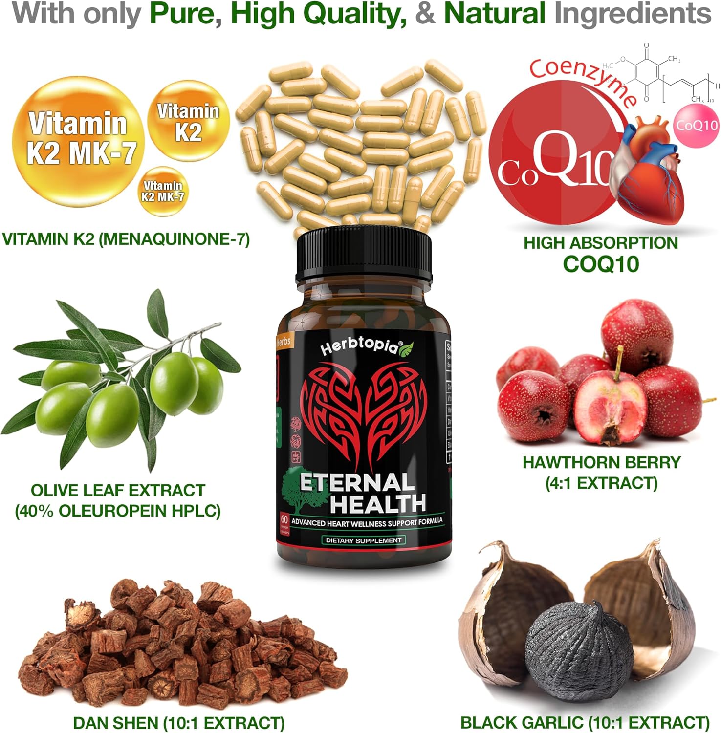 Eternal Health Blood Pressure Support Supplement – Heart Health & Blood Circulation Formula with CoQ10, K2 MK7, Black Garlic, Hawthorn, Olive Leaf & Dan Shen – 60 Capsules