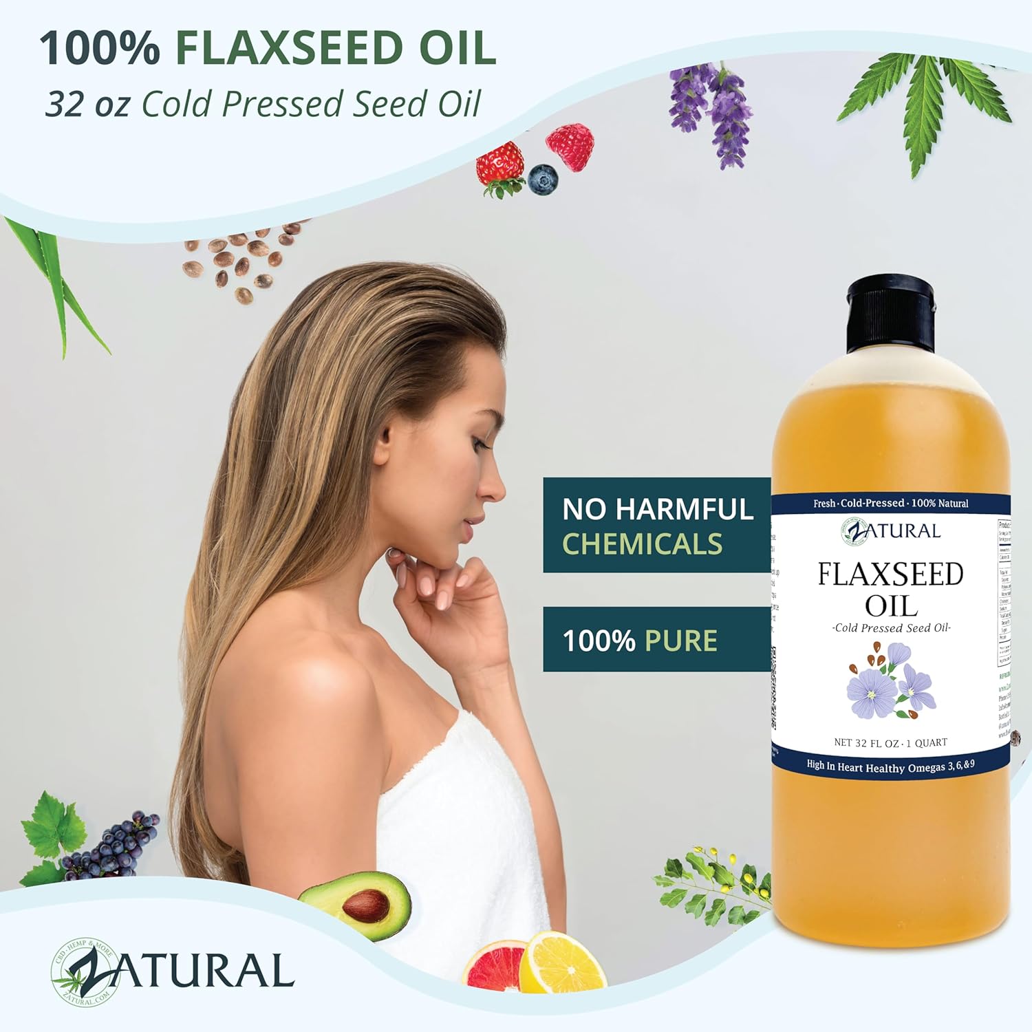 Zatural Flaxseed Oil Organically Grown 100% Pure Cold Pressed Omega Rich Fatty Acids 32oz