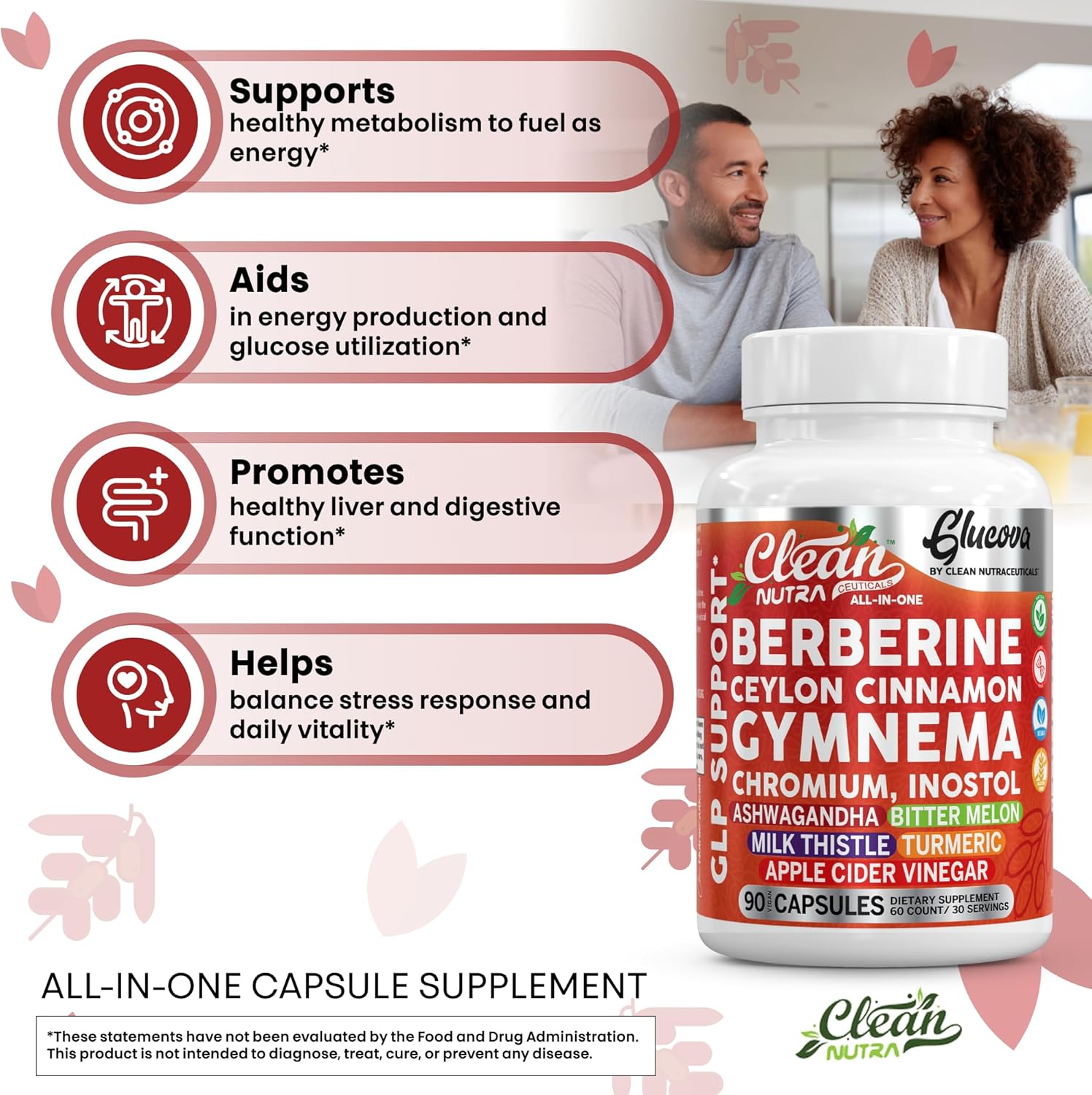 Clean Nutra Glucova, All-in-One Blood Sugar Support Supplement with Berberine, Ceylon Cinnamon, Gymnema, Chromium, 90 Capsules
