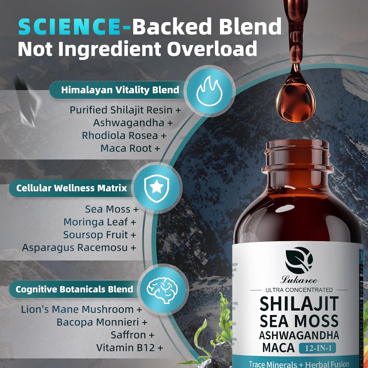 Shilajit Liquid Drops with Sea Moss, Ashwagandha, Maca, Fulvic Acid, Trace Minerals, 12-in-1 Liquid Vitamins Supplement for Men and Women, Energy, Antioxidant, Immune Support, 1 FL Oz