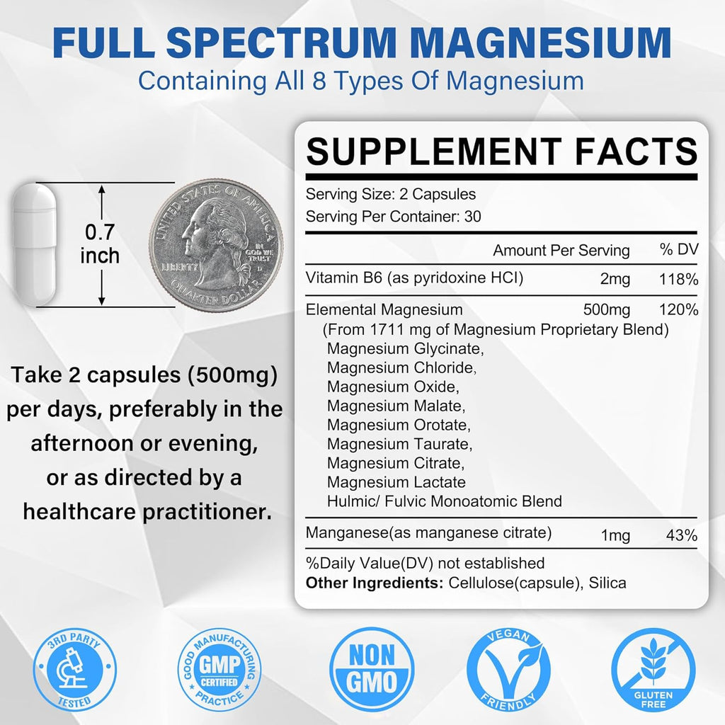 Magnesium Complex Supplement 8 Forms, 500mg Magnesium Glycinate, Malate, Citrate, High Absorption Mg for Calm, Sleep, Mood & Healthy Muscle, Pack of 2, Total 120 Vegan Capsules