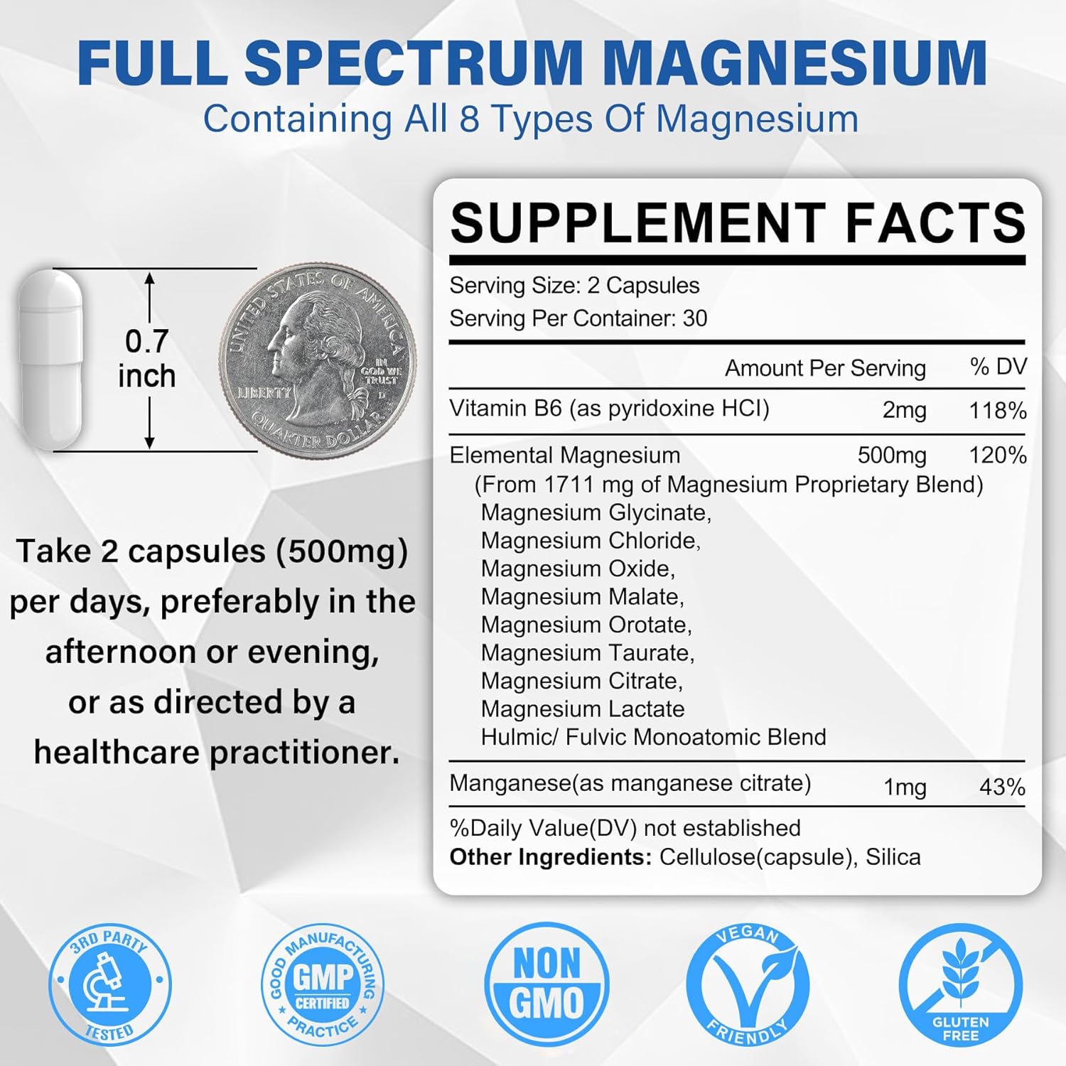 Magnesium Complex Supplement 8 Forms, 500mg Magnesium Glycinate, Malate, Citrate, High Absorption Mg for Calm, Sleep, Mood & Healthy Muscle, Pack of 2, Total 120 Vegan Capsules