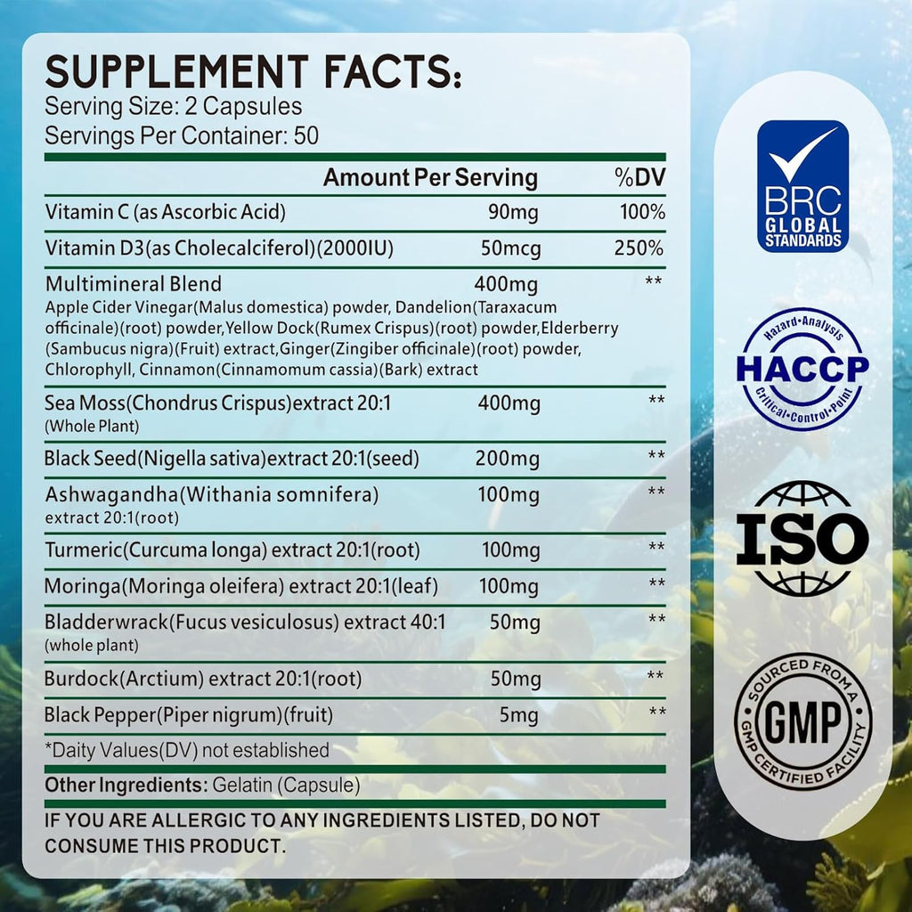 Sea Moss Capsules with Black Seed Oil, Ashwagandha for Immune System, Skin, Energy Sea Moss Supplement