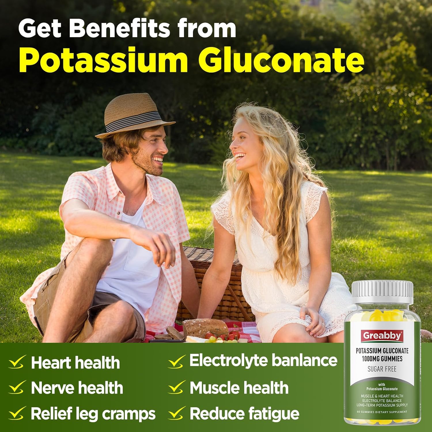 Potassium Gluconate 1000 mg Gummies, Electrolyte Gummies Sugar Free for Women & Men Adults, Support Muscle Cramps & Heart Health, Chewable Potassium Supplement, Vegan Source, 60 Count