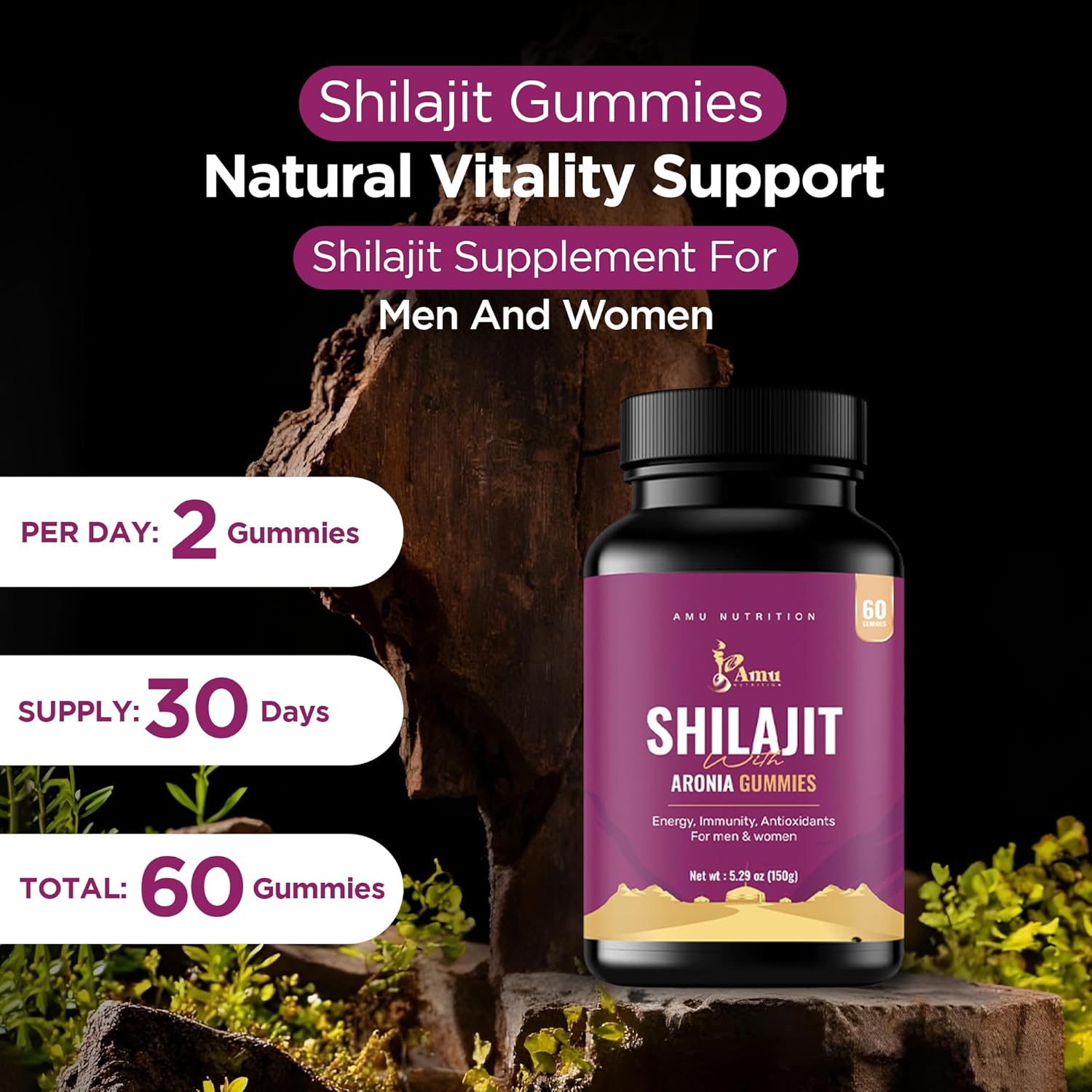 Shilajit Gummies for Men & Women with Aronia Berries (60 Count (Pack of 1), Aronia Berries)