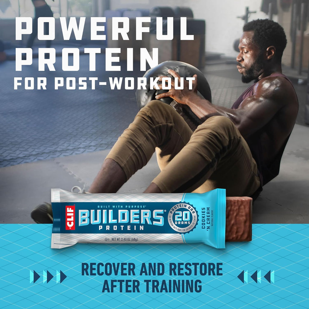 CLIF BUILDERS Protein Bars - Cookies 'n Cream Flavor - 20g Plant Based Protein - Gluten Free - Non-GMO - Low Glycemic - No Artificial Sweeteners - 2.4 oz. (12 Pack)