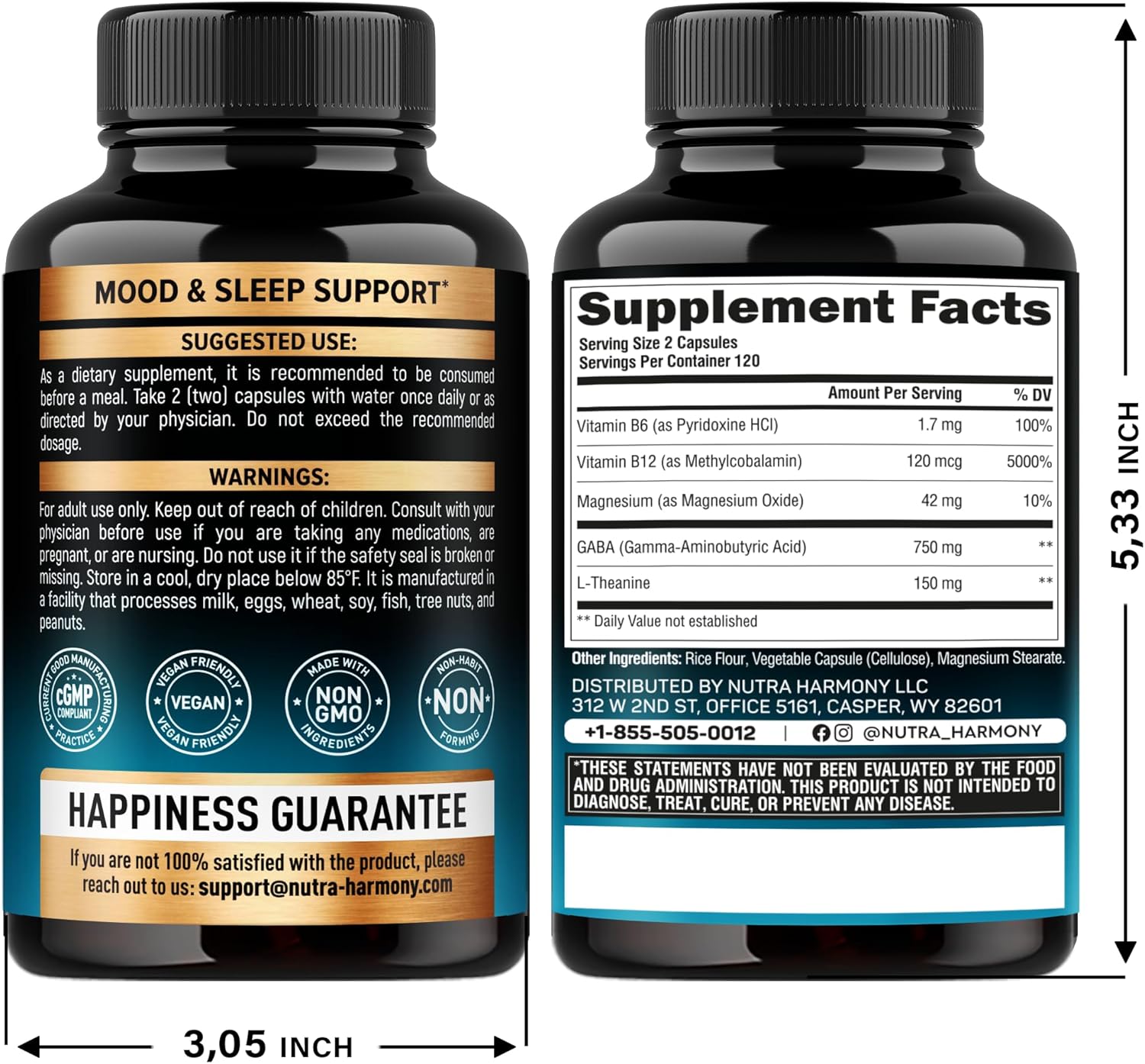 GABA L-Theanine 900 mg - Made in USA - Magnesium | Vitamin B6 - Calm, Sleep, Relaxation & Mood Support - 750 mg Gamma AminoButyric Acid, 150 mg L-Theanine - Non-Habit Forming, Vegan - 240 Capsules