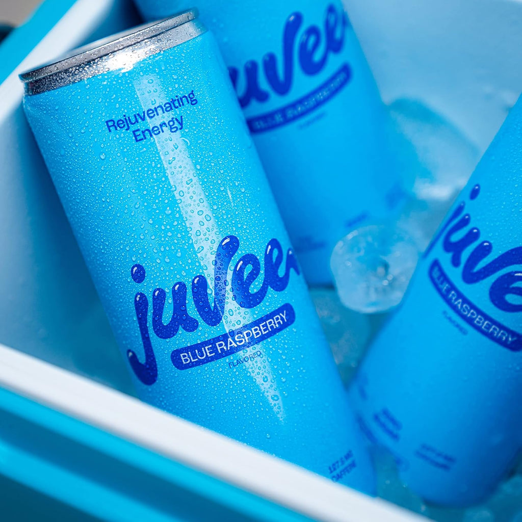 Juvee Rejuvenating Energy Drink. Sugar Free Energy Drinks. Taurine, Vitamin B12, Vitamin B6. 128 Mg Of Caffeine. L-Theanine For Mood Support. Panax Ginseng For Focus. Vitamin C For Immune Support. Gluten Free 12 oz - 12 Pack - Blue Raspberry