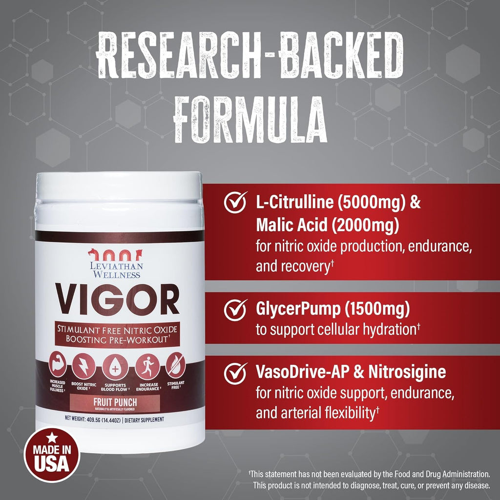 Vigor - Stimulant-Free Nitric Oxide Pre-Workout Powder | L-Citrulline (5000mg), Malic Acid (2000mg), GlycerPump (1500mg)| Fruit Punch| 30 Servings, 13.86g Each | Made in The USA