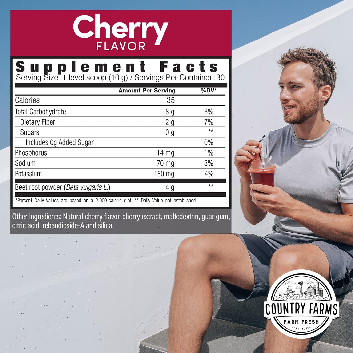 Country Farms Bountiful Beets, Wholefood Beet Extract Superfood, Helps Support Healthy Circulation and Promote Energy, Nitric Oxide Boost, Cherry Flavor, 30 Servings