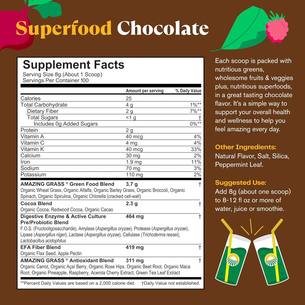 Amazing Grass Greens Superfood Powder: Greens Powder with Digestive Enzymes & Probiotics, Organic Spirulina, Chlorella, and Beet Root Powder, Chocolate, 100 Servings