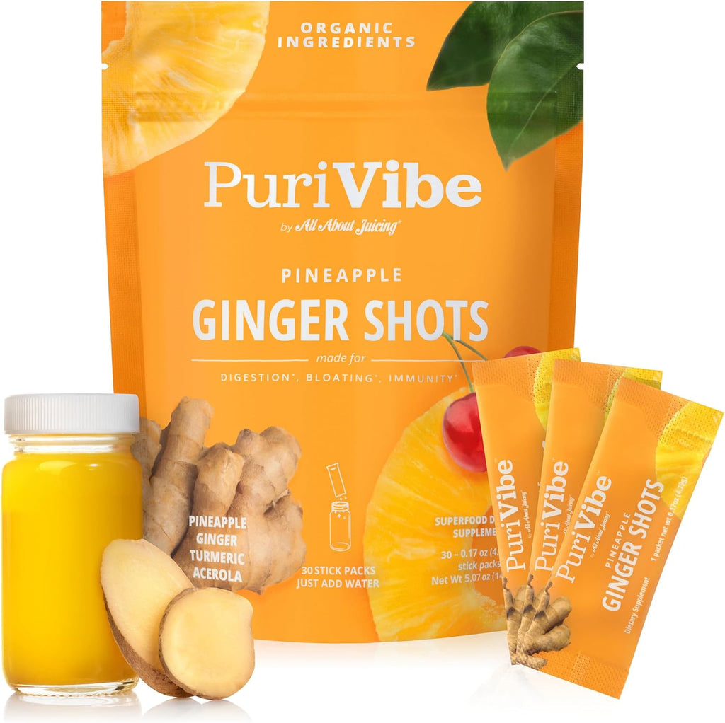 All About Juicing Ginger Shots with Pineapple & Turmeric - Superfood Juice Powder - Immunity, Digestion & Energy Support - 30 Wellness Stick Packs - PuriVibe