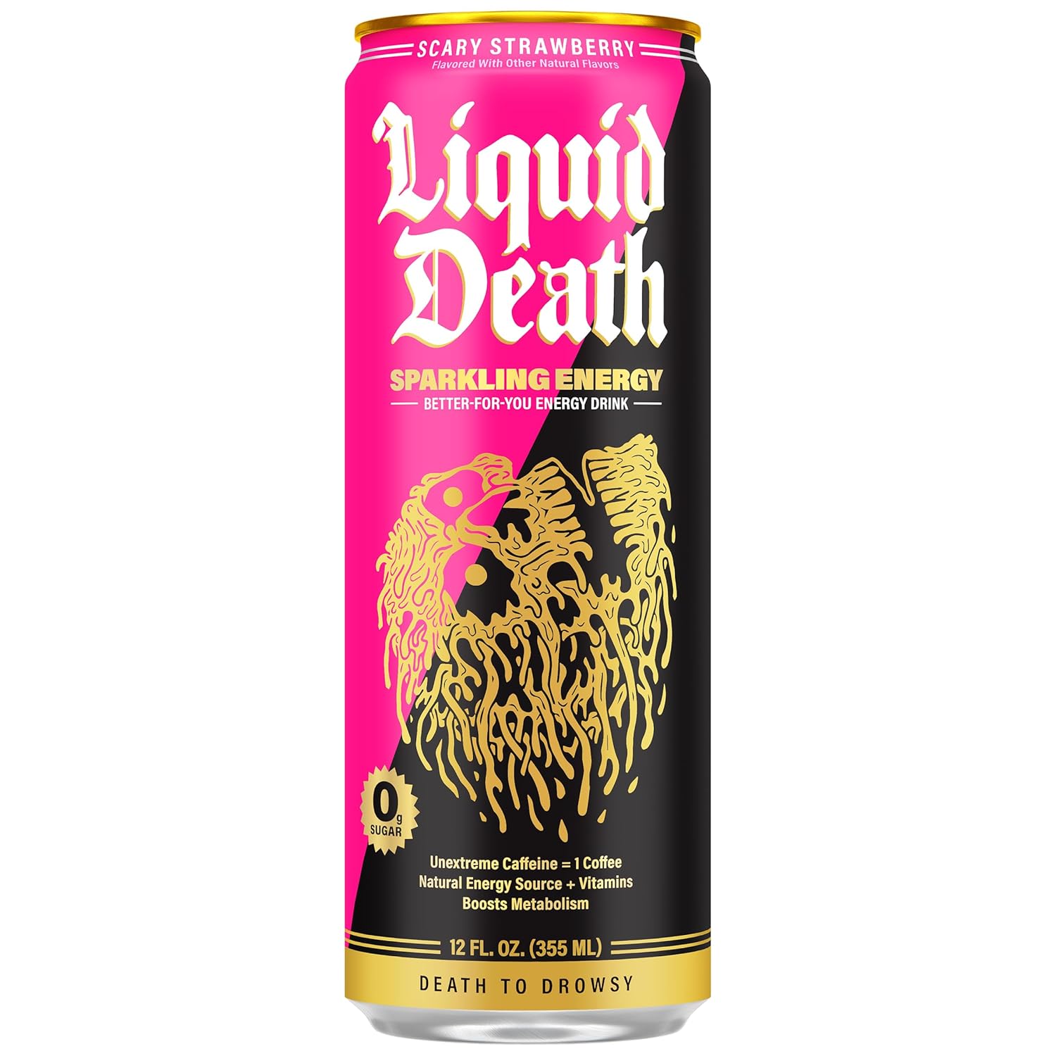 Liquid Death Sparkling Energy - Scary Strawberry (Strawberry and Lemon Flavor), Sugar-Free Energy Drink, Unextreme Caffeine 100mg, Essential Vitamins, 12 Fl Oz (Pack of 12)