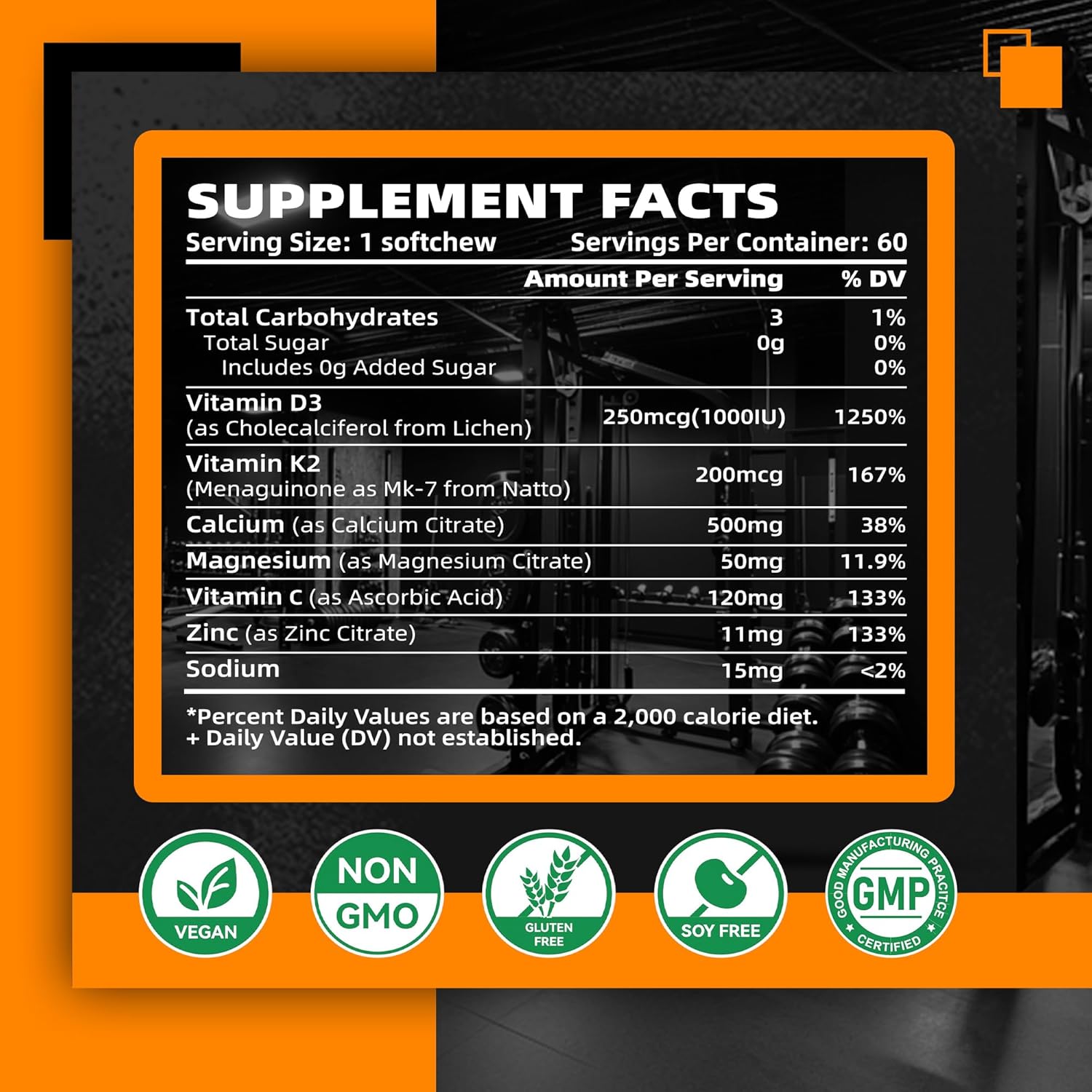 Sugar-Free Vitamin D3 K2 Chews with Calcium + K2 (MK-7), Magnesium Citrate, Vitamin C, Extra Strength - Ultimate Absorption for Bone Muscle Teeth Immune, Vegan - 60 Count-Orange Flavor