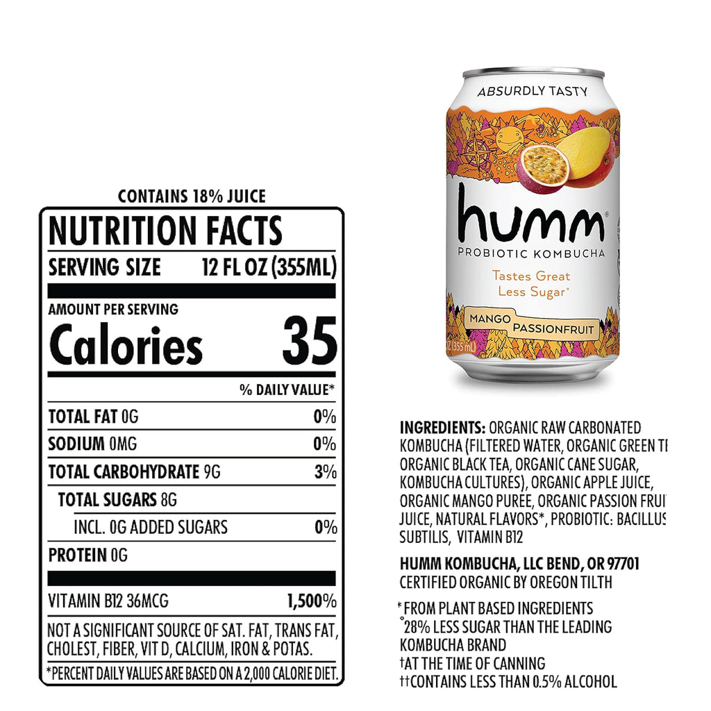 Humm Kombucha Mango Passionfruit, Organic, Vegan & GMO Free (24 Pack)
