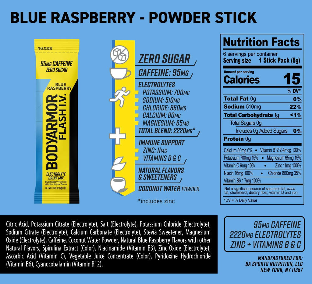 BODYARMOR Caffeinated Flash I.V. Electrolyte Packets Blue Raspberry - Zero Sugar Energy Drink Mix, Single Serve Packs, Hydration for Pre Workout, Travel Essentials, Active Lifestyle (6 Count)