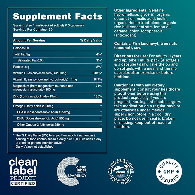 Puori P3 Health Essentials with Magnesium Zinc Complex, Omega 3 Fish Oil & Vitamin D3 Supplements - Men & Womens Daily Multi-Vitamins for Immune System Support & Overall Health - 30 Servings