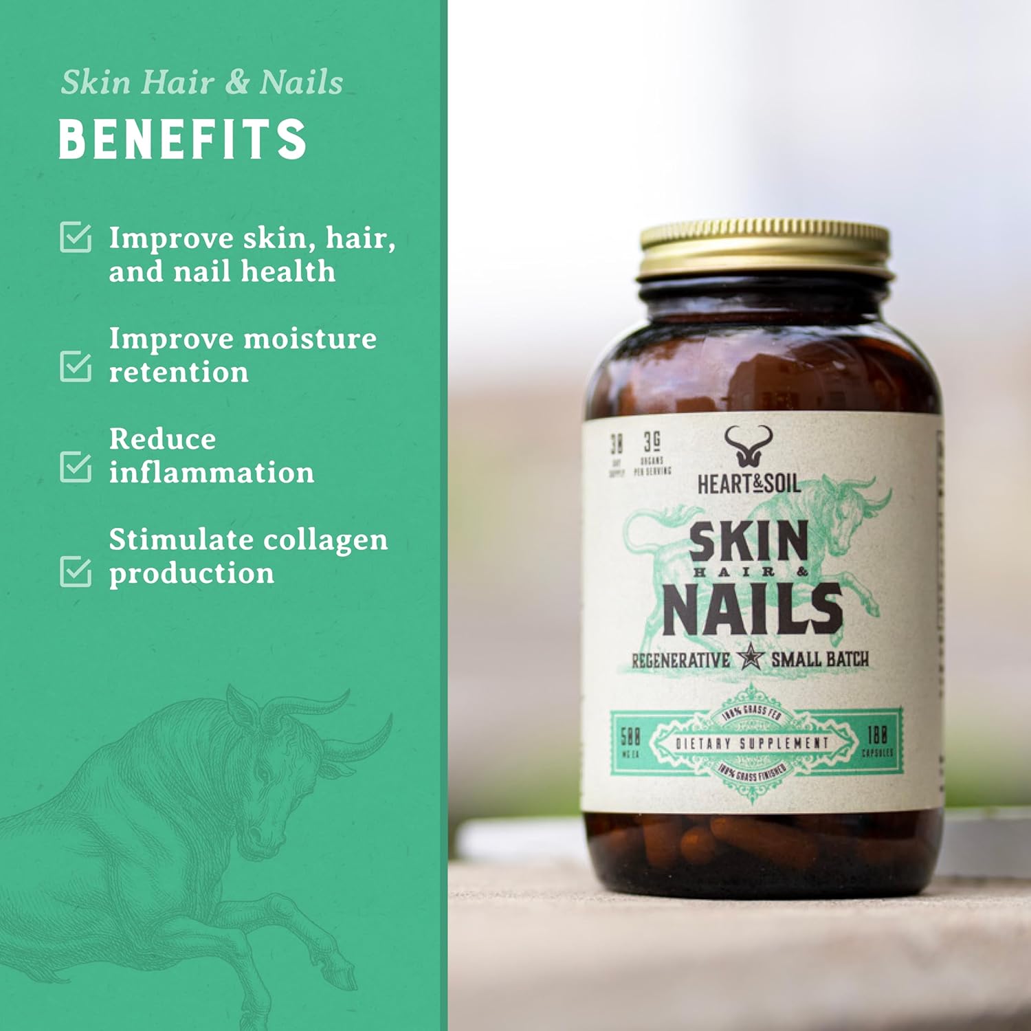 HEART & SOIL – 3000mg Skin, Hair and Nails Support Supplement with Grass Fed Beef Liver, Bone Marrow, Cartilage, Biotin, Collagen, Vitamins A, Riboflavin, Elastin – 180 Capsules