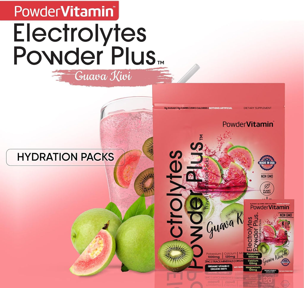 PowderVitamin Electrolytes Powder Plus, Keto, Guava Kiwi, Zero Sugar, 1000mg Potassium, 120mg Calcium, 120mg Magnesium, Non-GMO, Zero Calories, 30 Hydration Packets
