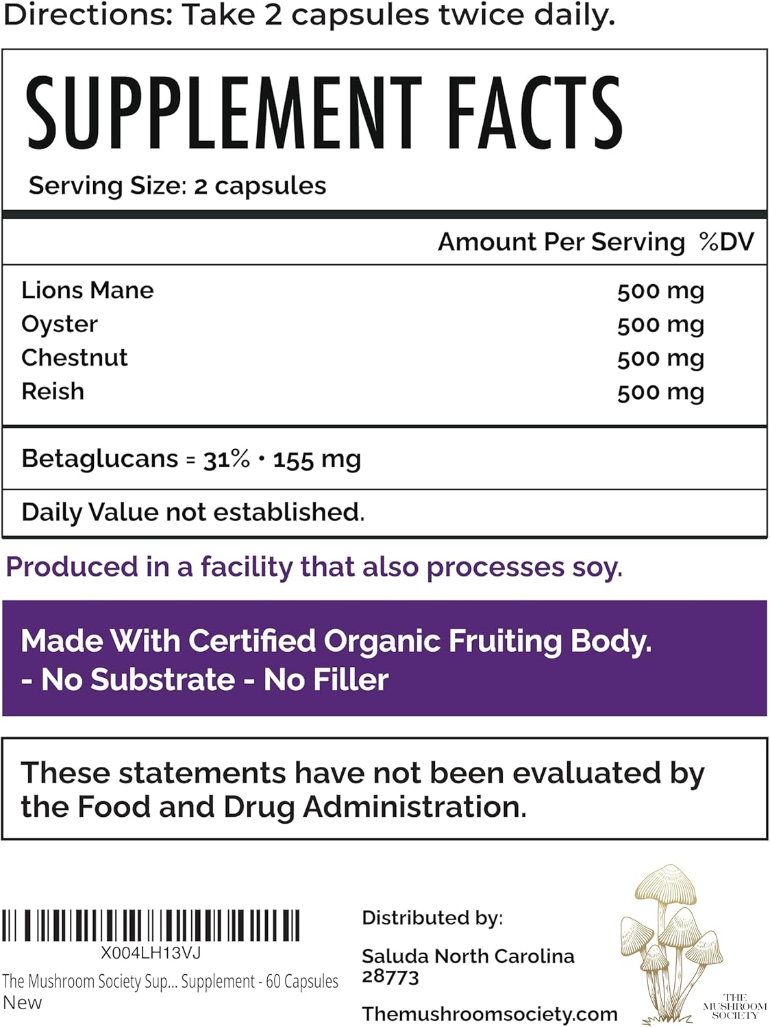 Super Stacker - 4-in-1 Mushroom Supplement Wellness Blend - Lion’s Mane, Oyster, Chestnut & Reishi - Immune, Focus & Daily Vitality - 60 Vegan Capsules