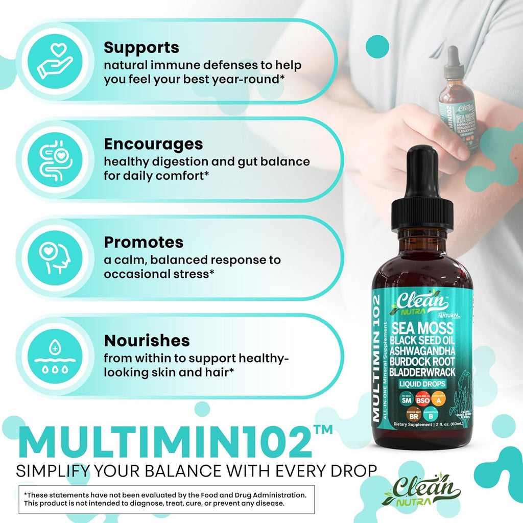 Clean Nutra Organic Sea Moss Drops Supplement | Black Seed Oil Irish Seamoss Ashwagandha Burdock Root & Bladderwrack - Multimineral Liquid Vegan for Gut Heath Energy Skin Immune Support & Hair
