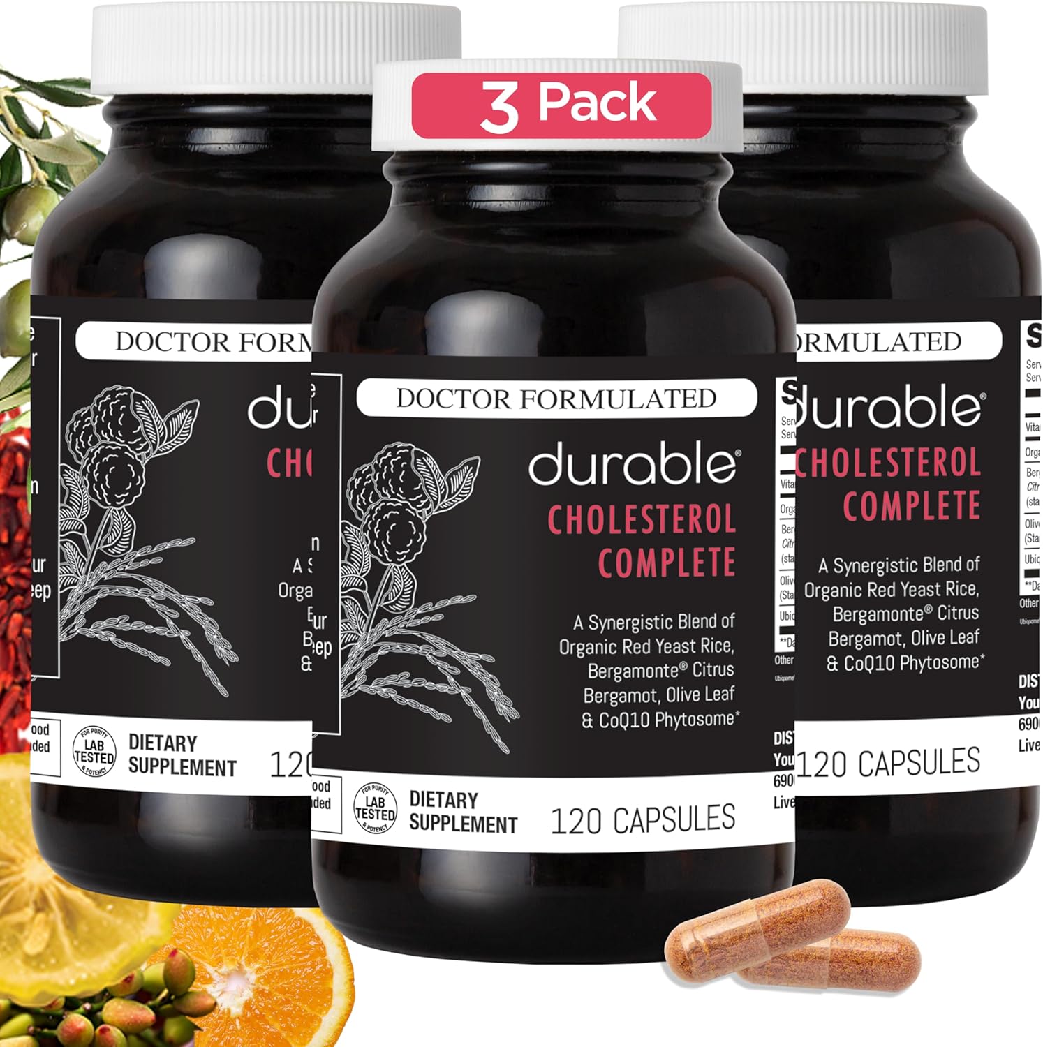 Durable Cholesterol Complete – Organic Red Yeast Rice 1,600 mg + Bergamonte® Citrus Bergamot 1,000 mg + Ubiqsome® CoQ10 + Olive Leaf + Vitamin C – Doctor Formulated, Made in USA (360 Capsules)