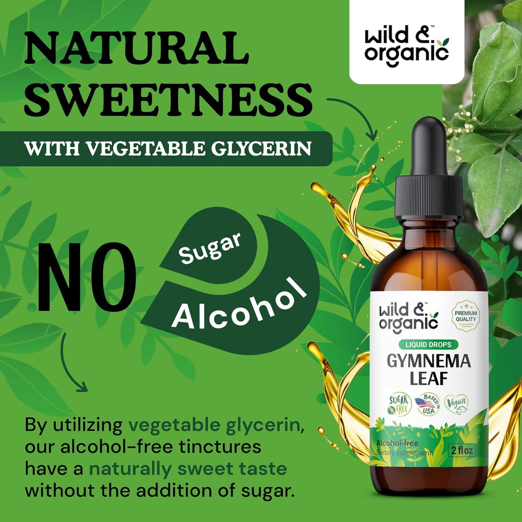 Wild & Organic Gymnema Sylvestre Extract Drops - Sugar-Free Gymnema Supplement for Overall Support - Gurmar Leaf Extract Tincture - Vegan, Alcohol-Free Liquid Drops - 2 fl oz