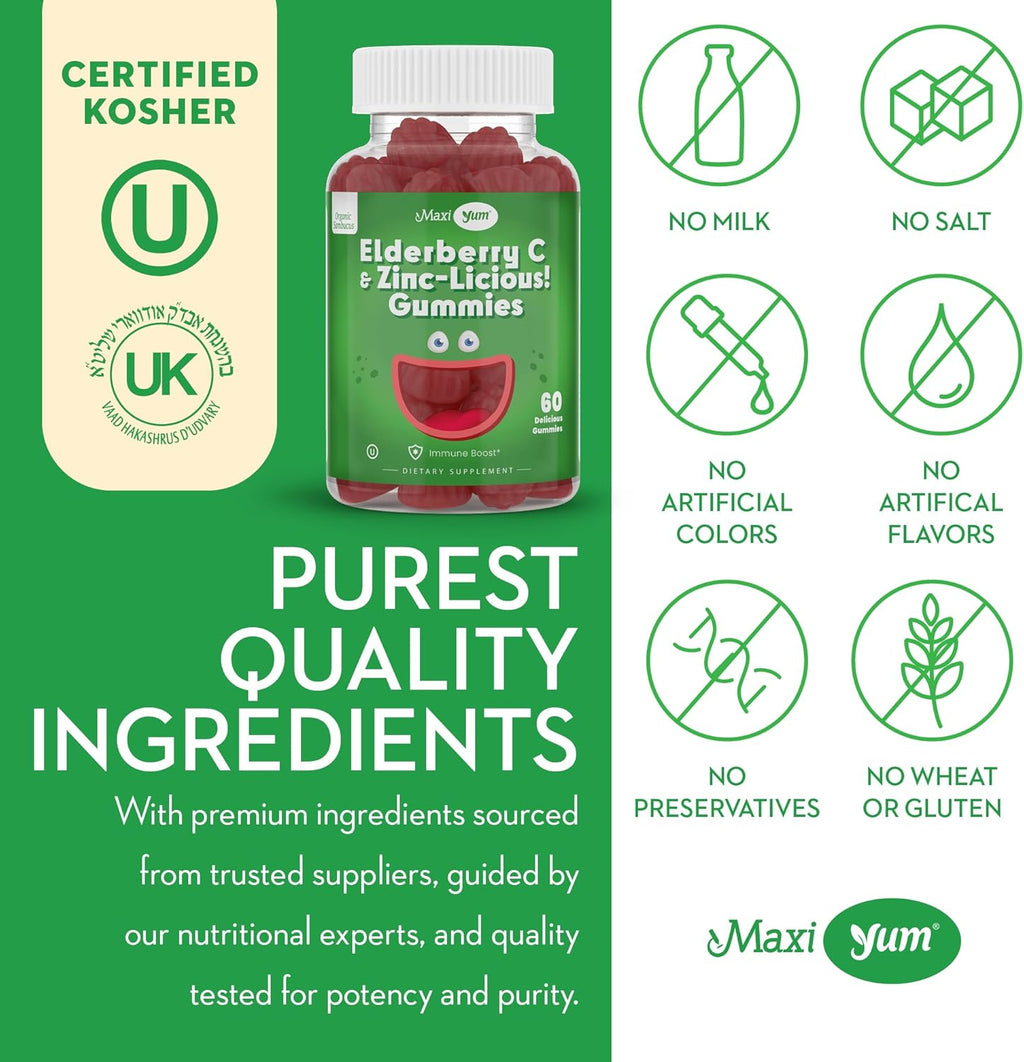 Elderberry Zinc Gummies - Organic Sambucus Elderberry Gummies with Zinc and Vitamin C - Vegan Immune Support for Adults and Kids - Chewable Elderberries Supplements for Immunity Boost - 60 Gummies