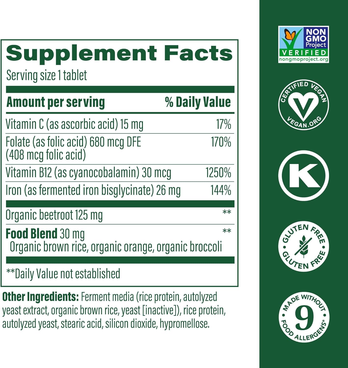 MegaFood Blood Builder Iron Supplement Clinically Shown to Increase Iron Levels Without Side Effects, Vegan Supplement for Women with Vitamin C, Vitamin B12 & Folic Acid, 30 Tablets