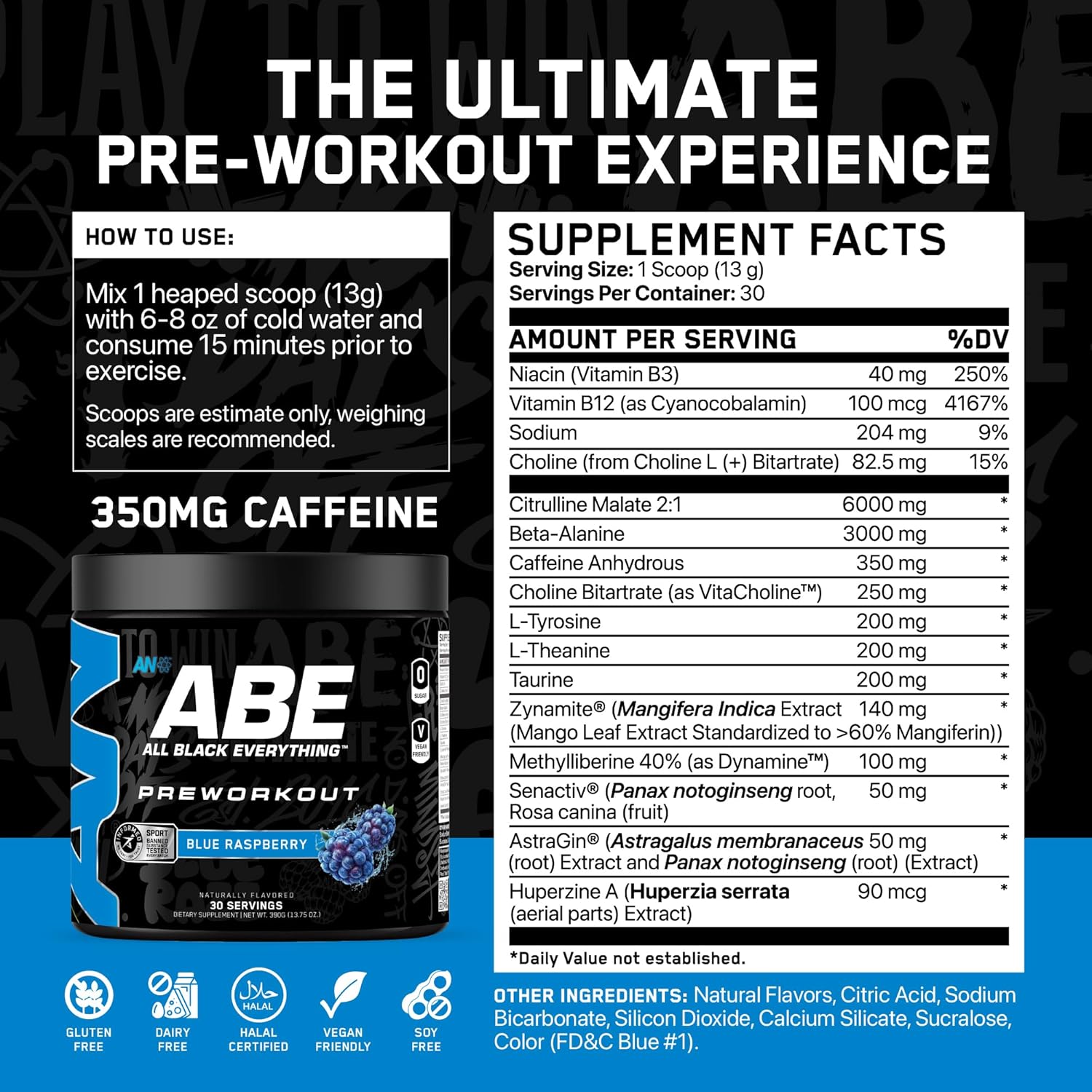 All Black Everything Pre Workout Powder | 30 Servings | Blue Razz | 350mg Caffeine | Nootropic Pre-Workout Blend | Beta Alanine + Citrulline | Energy Supplement for Men and Women