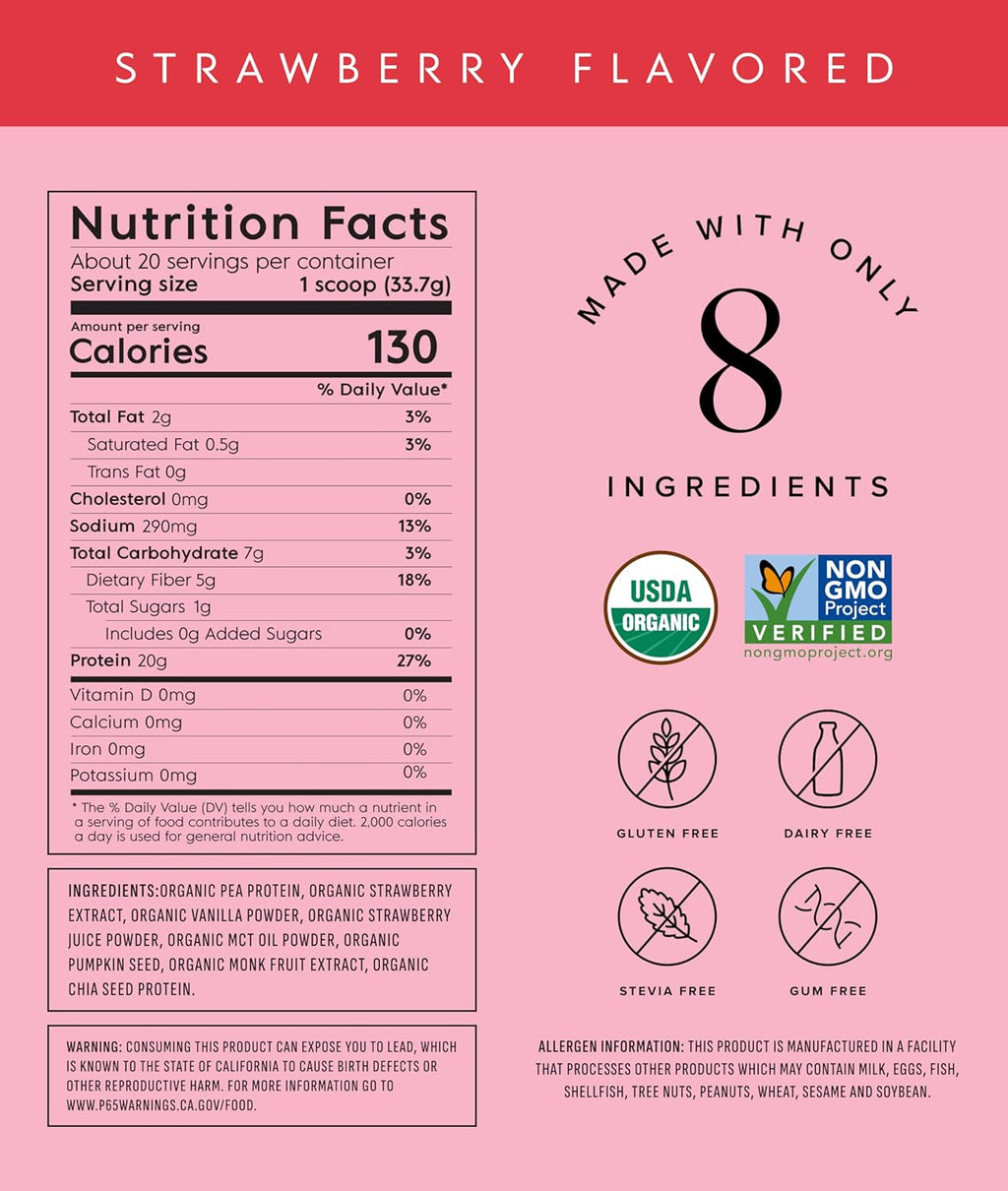 Truvani Vegan Pea Protein Powder | Strawberry | 20g Organic Plant Based Protein | 20 Servings | Keto | Gluten & Dairy Free | Low Carb | No Added Sugar