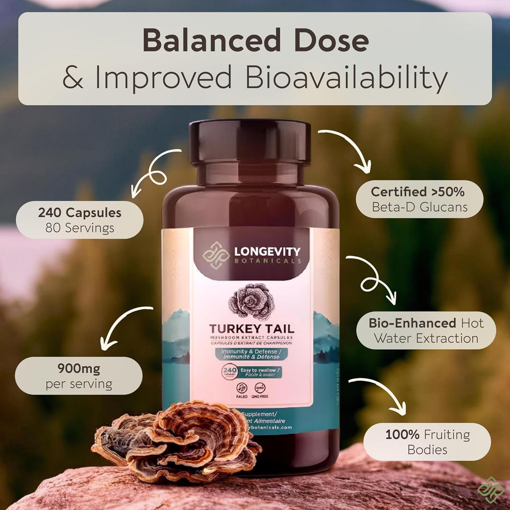 Organic Turkey Tail Mushroom Capsules Supplement (240) | Pure Fruiting Body 10:1 High Strength Extract | 50% Beta-D Glucans | 9,000mg Raw Equivalent Per Serving | Immune, Gut & Microbiome Support