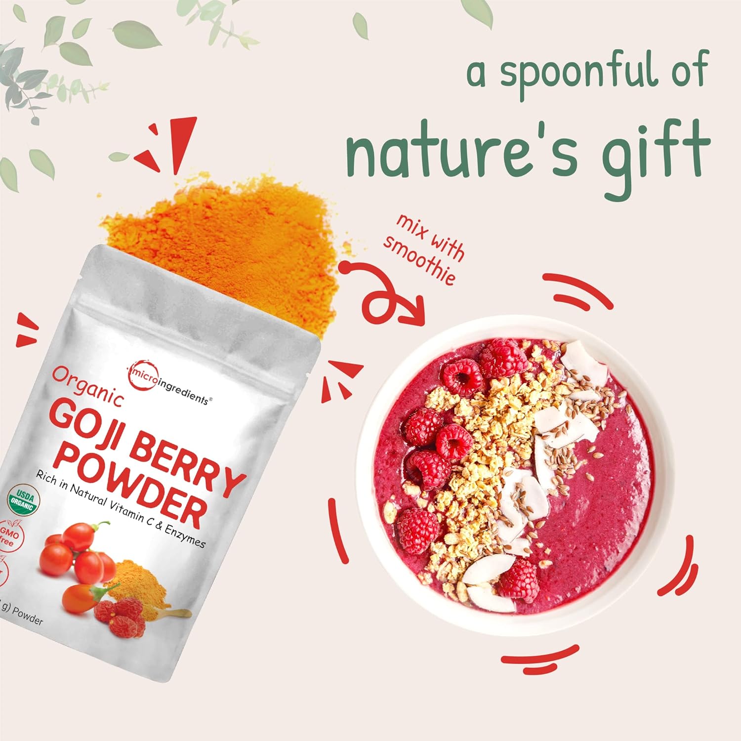Organic Goji Powder, 16 Ounces | 100% Natural Fruit Source | Sulfate & Additive Free | Great Flavor for Drinks, Snacks, & Beverages | Non-GMO & Vegan