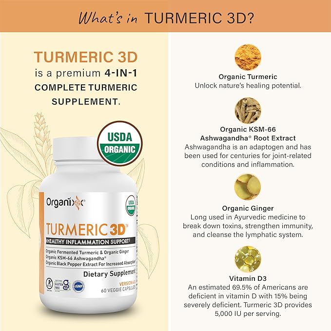 Organixx USDA Organic Turmeric Curcumin Supplement with Ashwagandha, Vitamin D, Turmeric & Ginger – Fermented for Maximum Bioavailability, 60 Count + 30 Count