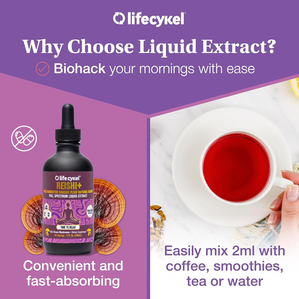 Life Cykel - Reishi Mushroom Extract w/Kakadu Plum- Adaptogen for Sleep Help, Relaxation & Cellular Support- 100% Organic Mushrooms, Antioxidants Vitamin C, 2oz (Packaging May Vary)