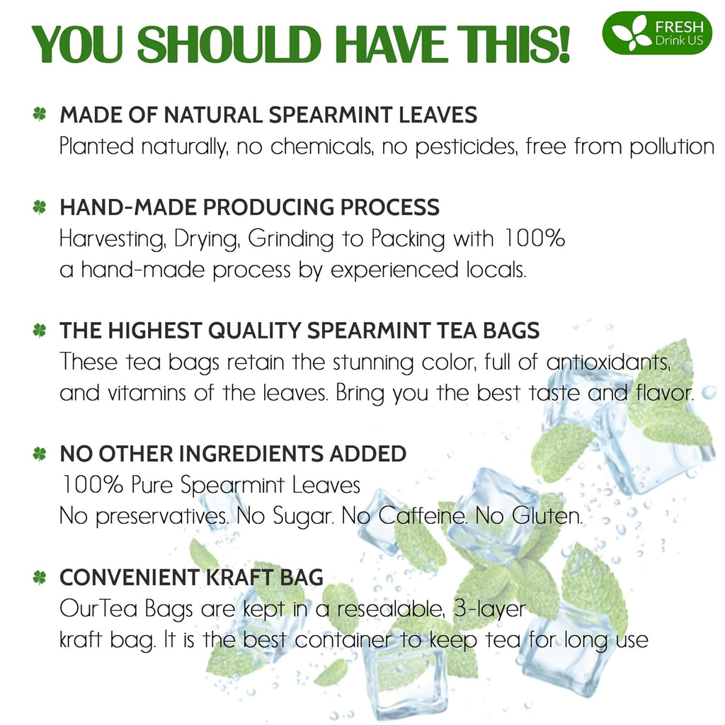 FreshDrinkUS, Premium 135 Spearmint Tea Bags, 100% Natural & Pure Spearmint Leaves. Loose Leaf Spearmint Herbal Tea. Spearmint Leaf Tea. No Sugar, No Caffeine, No Gluten, Vegan.