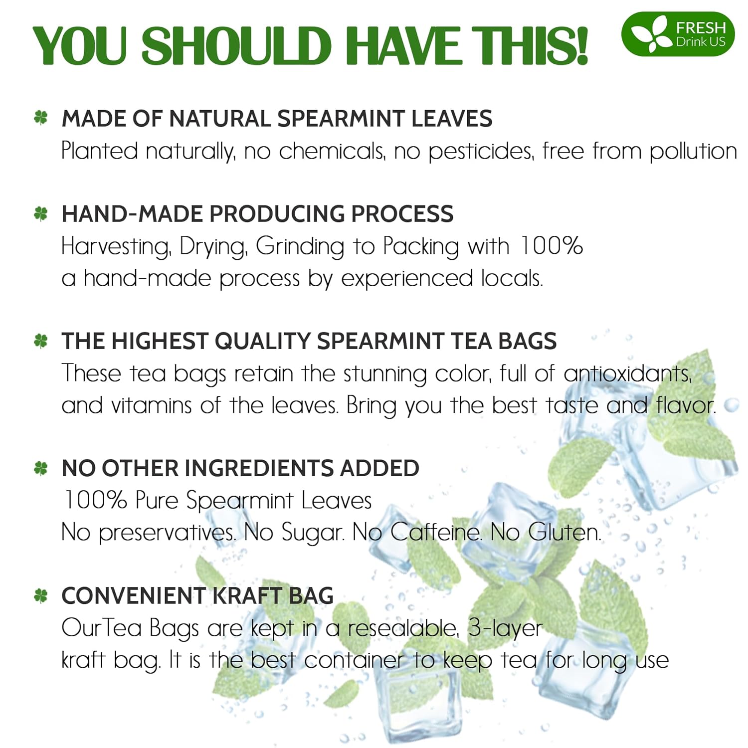FreshDrinkUS, Premium 135 Spearmint Tea Bags, 100% Natural & Pure Spearmint Leaves. Loose Leaf Spearmint Herbal Tea. Spearmint Leaf Tea. No Sugar, No Caffeine, No Gluten, Vegan.