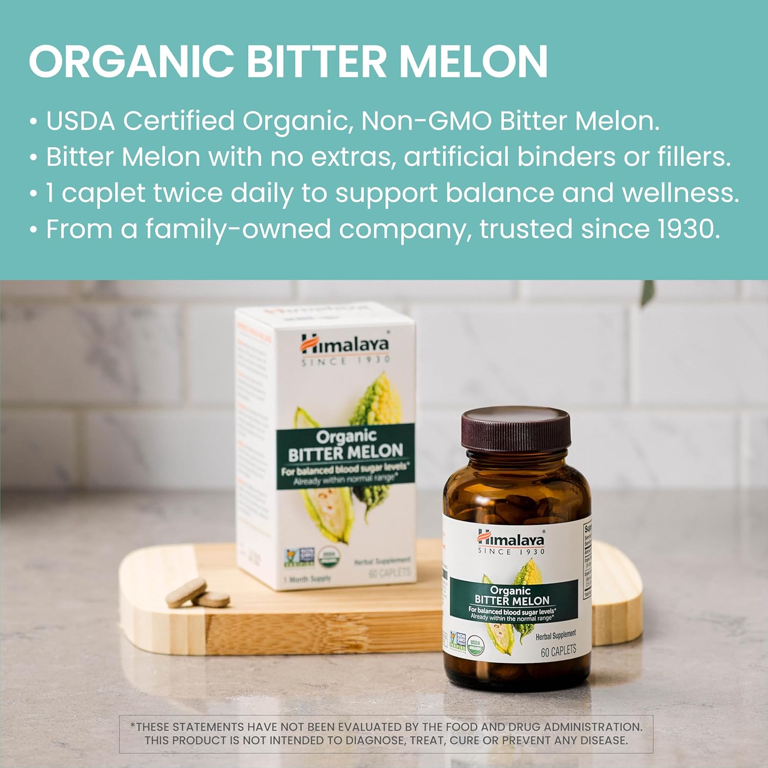 Himalaya Organic Bitter Melon - Herbal Glucose Metabolism Support - USDA Organic, Non-GMO, Vegan, Gluten Free, 660 mg, 60 Caplets