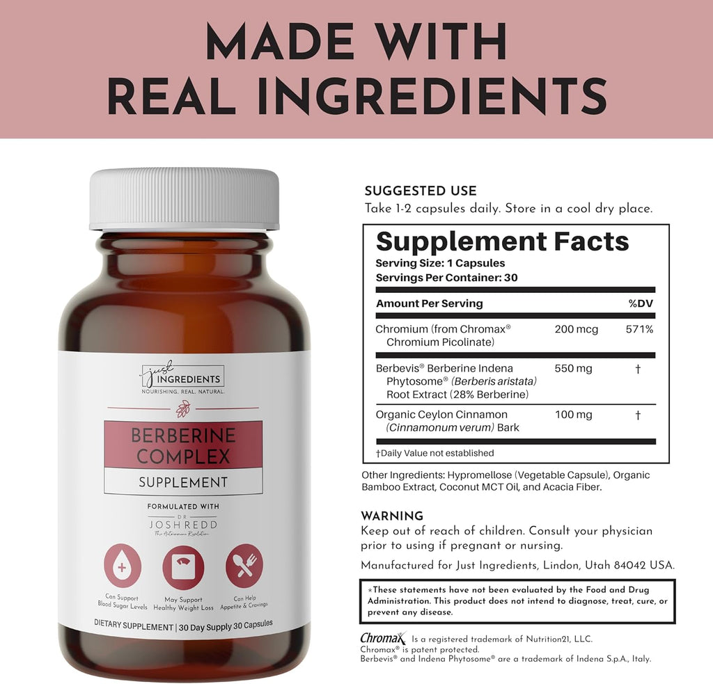 JUST INGREDIENTS Berberine Supplement – 30-Capsule Herbal Support Formula with Organic Berberis Aristata – Traditionally Used for Metabolic Health, Cellular Function & Overall Wellness.